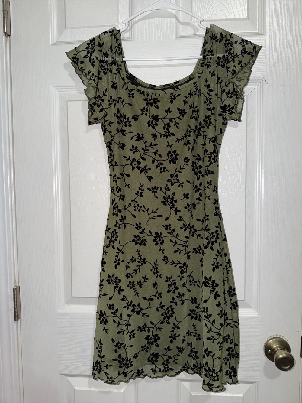 Olive Green Floral Scoop Neck Mini Dress